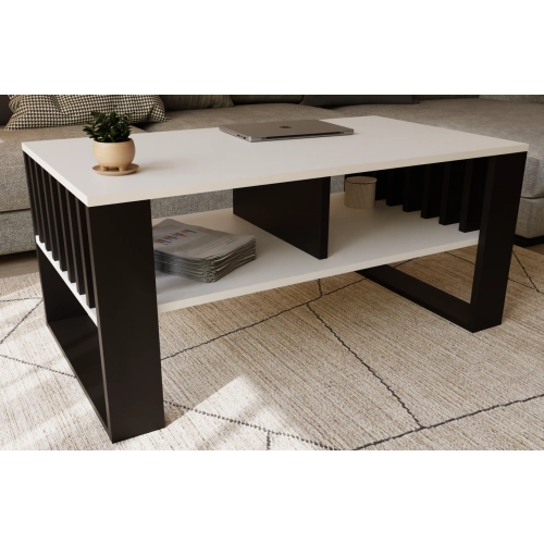 Stolik kawowy ST14 BIA z lamelami Ława Biały/Czarny z półką loft